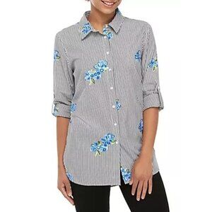 Calvin Klein Floral Embroidered Stripe Boyfriend Long Sleeve Button Down XS